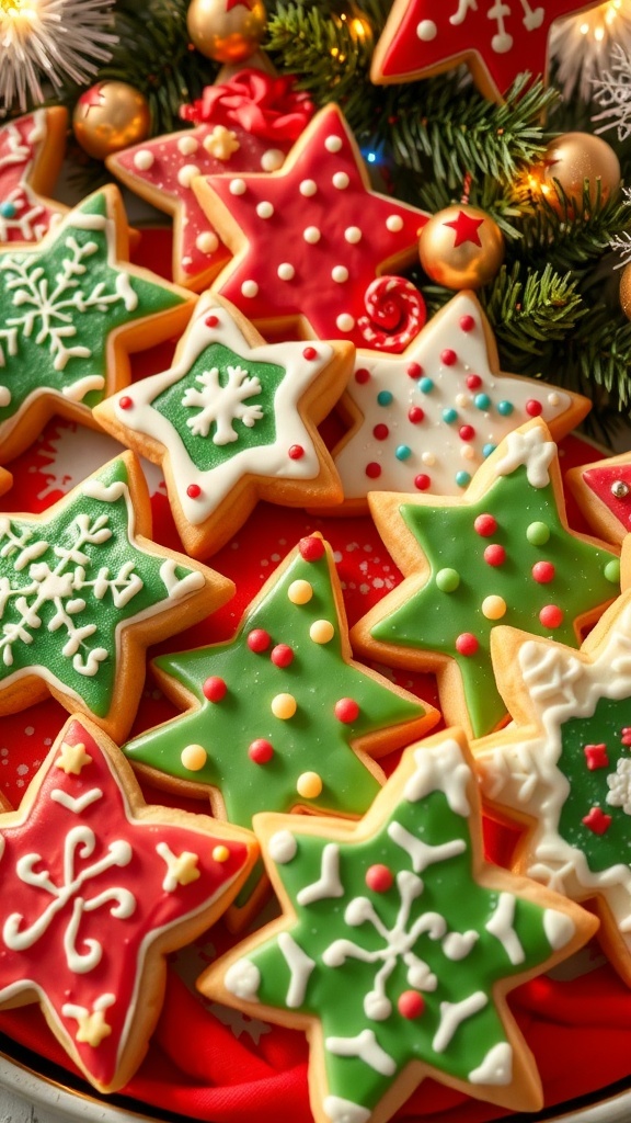 Classic Christmas Sugar Cookies Recipe A variety of decorated Christmas sugar cookies in festive shapes on a holiday-themed table.